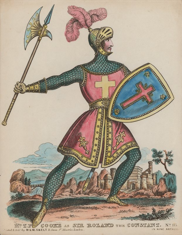 Den engelske skuespiller Thomas Potter Cooke som Sir Roland the Constant i King Arthur (farvet gravering) af English School