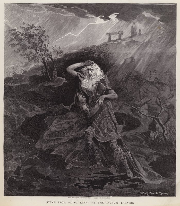 De engelske skuespillere Henry Irving og William Haviland i en produktion af Shakespeares King Lear på Lyceum Theatre, London af English School
