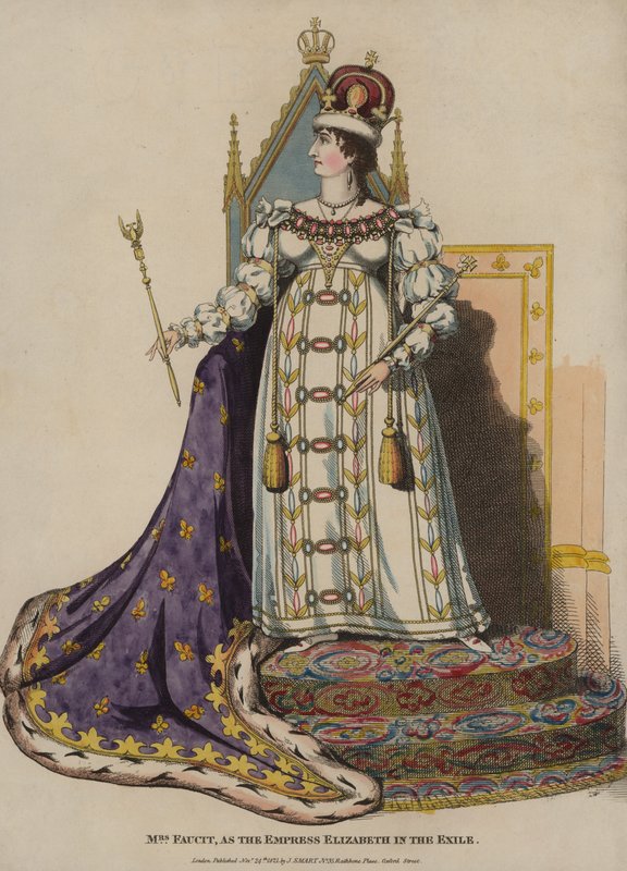 Den engelske skuespillerinde Harriet Faucit som kejserinde Elizabeth i The Exile (farvet indgravering) af English School
