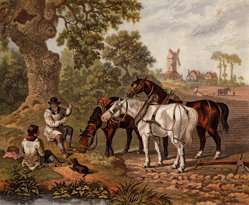 Engelske landmænd, der pløjer (farvet gravering) af English School