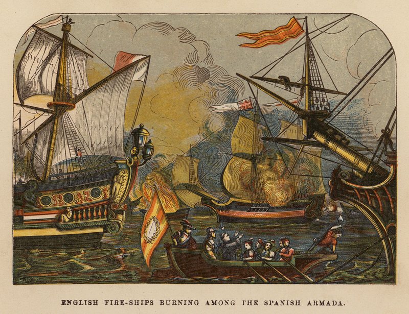 Engelske brandskibe brænder blandt den spanske armada (koloreret stik) af English School