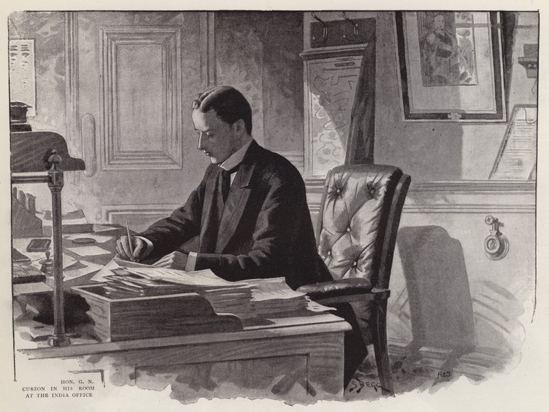 Den engelske politiker George Curzon på arbejde på sit kontor i Indienkontoret (litografi) af English School