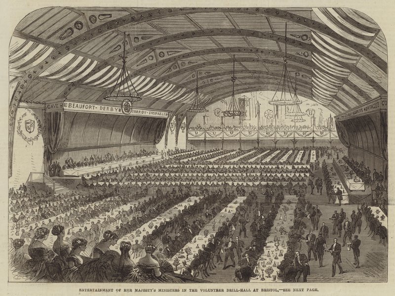 Underholdning af Hendes Majestæts præster i Frivillige Drill-Hall i Bristol (gravering) af English School