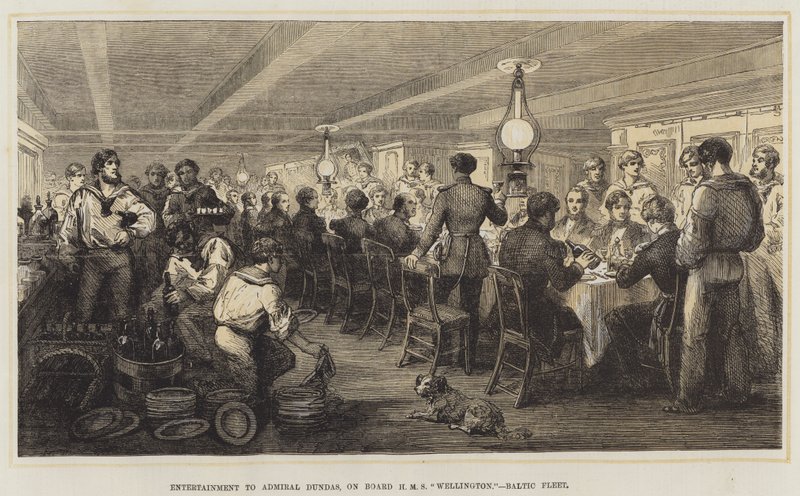 Underholdning til admiral Dundas om bord på HMS "Wellington," Baltic Fleet (farve litho) af English School