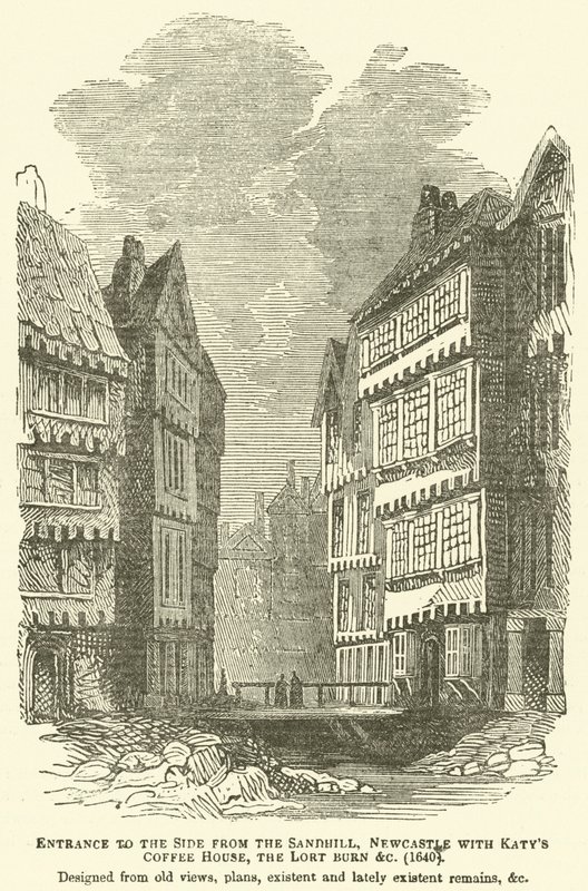 Indgang til siden fra Sandhill, Newcastle med Katys Coffee House, Lort Burn osv., 1640, designet ud fra gamle udsigter, planer, eksisterende og nyligt eksisterende rester osv. af English School