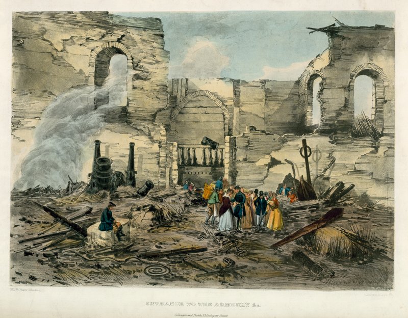 Indgang til våbenhuset, Tower of London Fire, 1841 af English School