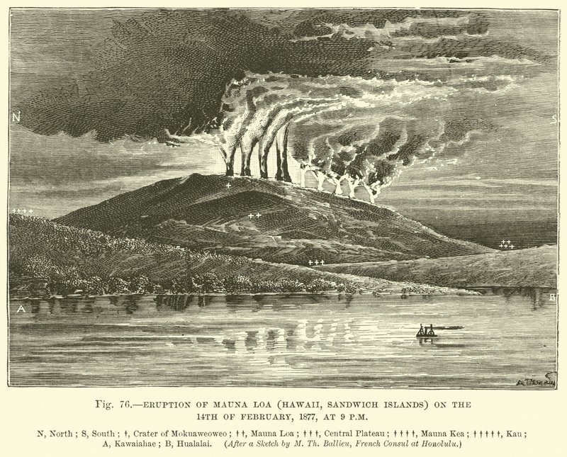 Eruption of Mauna Loa (Hawaii, Sandwich Islands) on the 14 February 1877, at 9 pm  af English School