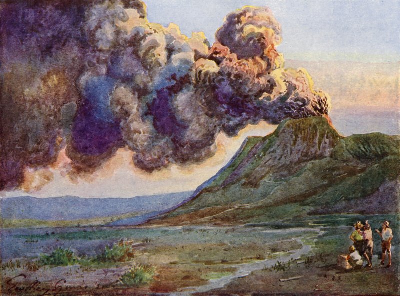 Udbrud af Mount Bromo, Java, Indonesien (farve litho) af English School