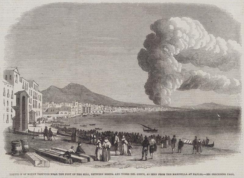 Vesuvs udbrud nær foden af bakken, mellem Resina og Torre del Greco, set fra Marinella ved Napoli (gravering) af English School
