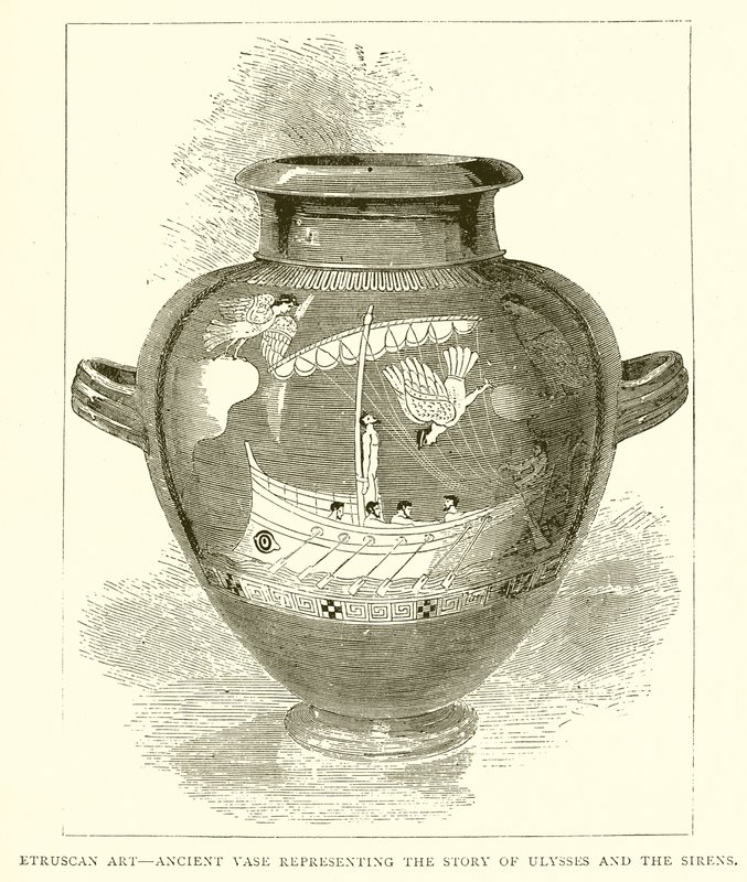 Etruskisk kunst--gammel vase, der repræsenterer historien om Ulysses og sirenerne (gravering) af English School