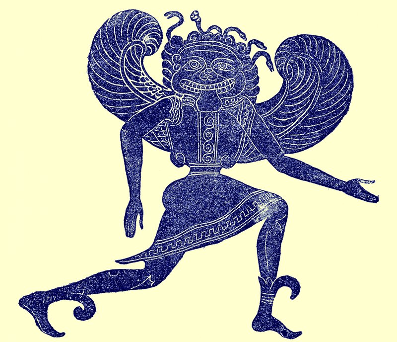 Etruskisk gorgon, fra Campana Museum, illustration fra History of Rome af Victor Duruy, udgivet 1884 (digitalt forbedret billede) af English School