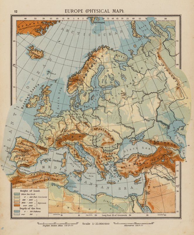 Europa, fysisk kort (farvelitografi) af English School
