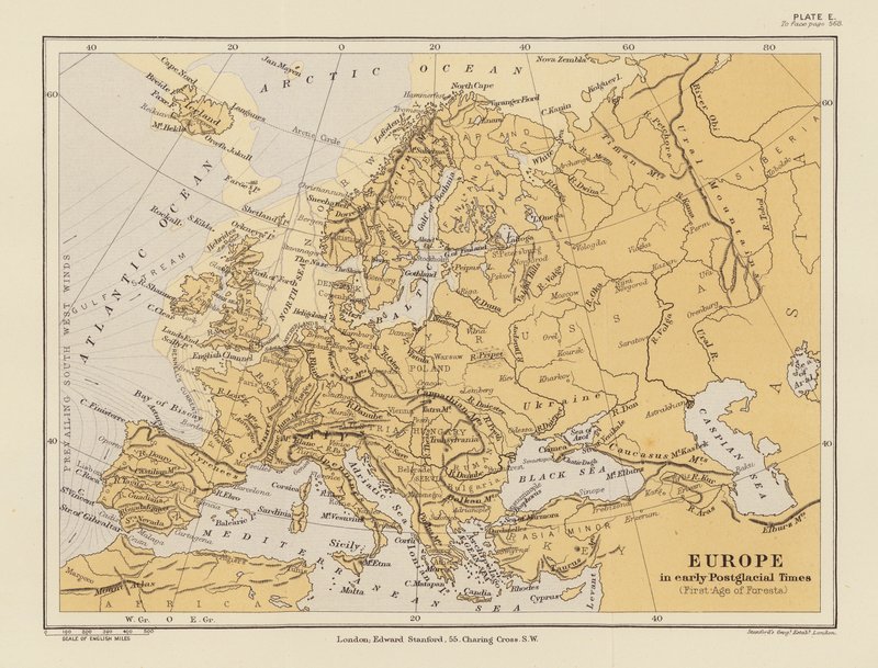 Europa i den tidlige postglaciale tid (farvelitografi) af English School