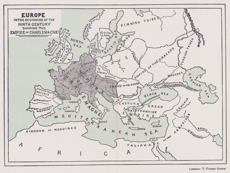 Europa i begyndelsen af det nittende århundrede med Karl den Stores imperium (farvelitografi) af English School