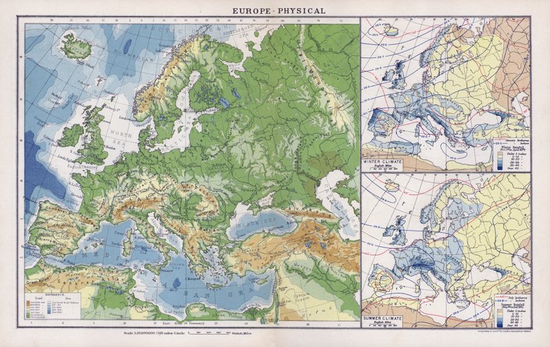 Europa, fysisk (farvelitografi) af English School