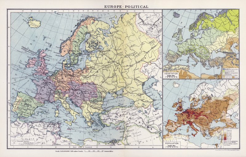 Europa, politisk (farvelitografi) af English School
