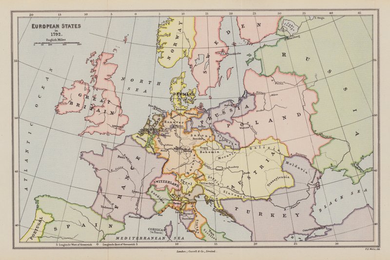 Europæiske stater i 1792 (farvelitografi) af English School