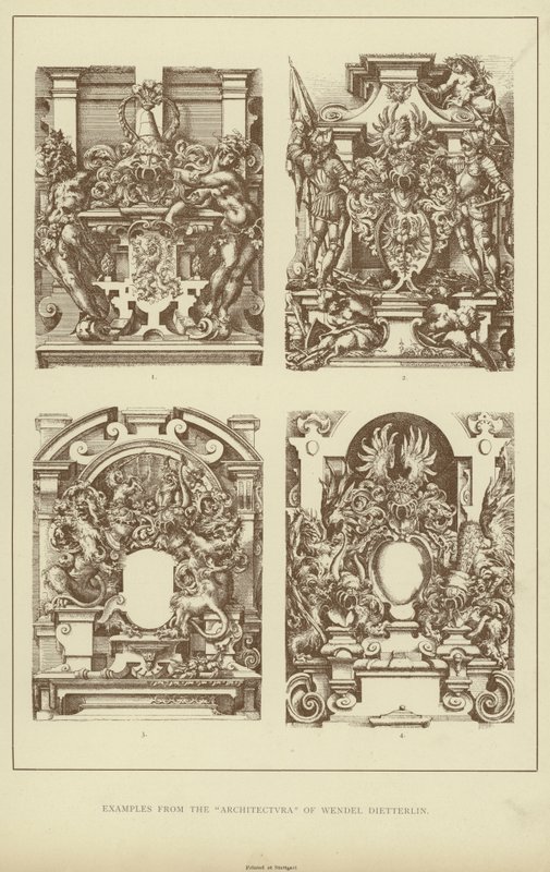 Eksempler fra "Architectvra" af Wendel Dietterlin (litho) af English School
