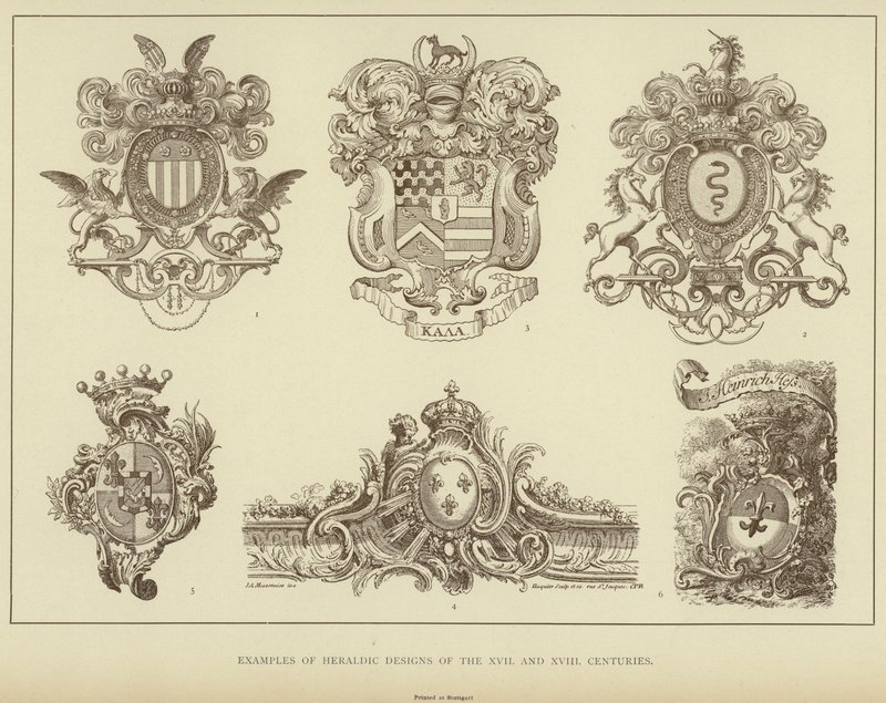 Eksempler på heraldiske designs fra XVII og XVIII århundreder (litho) af English School