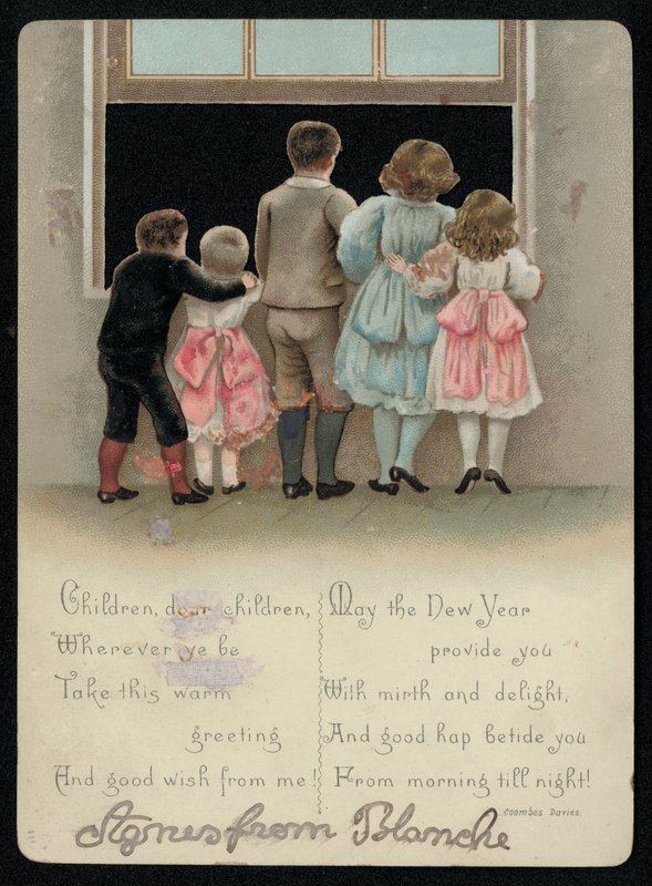 Spændte børn kigger ud af vinduet, nytårs lykønskningskort. (chromolitho) af English School