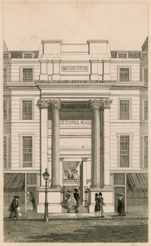 Exeter Hall, Strand, London; fra Gentlemans Magazine; bevis af English School