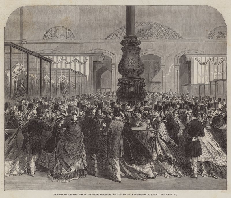 Udstilling af de kongelige bryllupsgaver på South Kensington Museum (gravering) af English School