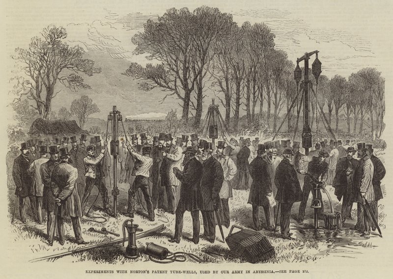 Eksperimenter med Nortons Patent Tube-Wells, brugt af Our Army i Abessinien (gravering) af English School