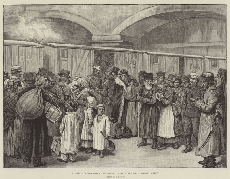 Udvisning af jøder fra Skt. Petersborg, scene ved Baltic Railway Station (gravering) af English School