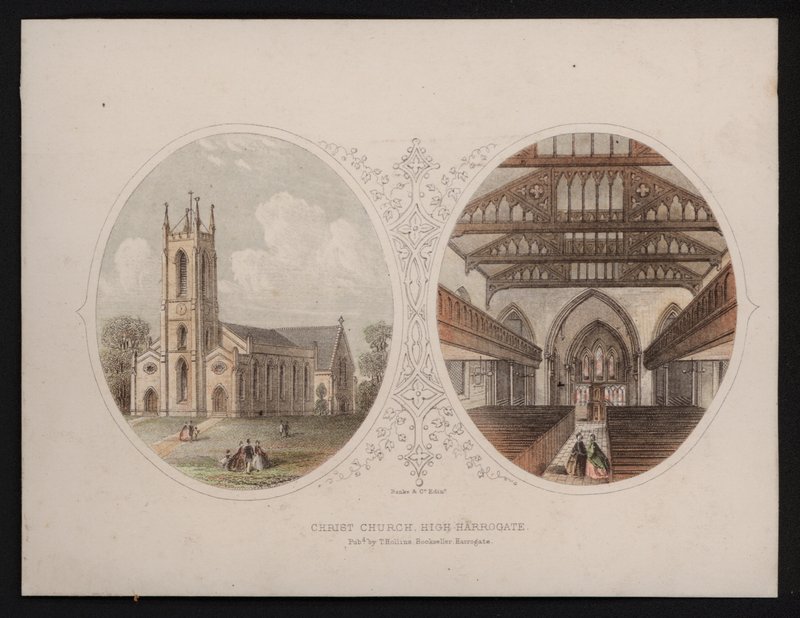 Udvendig og indvendig udsigt over Christ Church, Harrogate, Yorkshire (farvet gravering) af English School