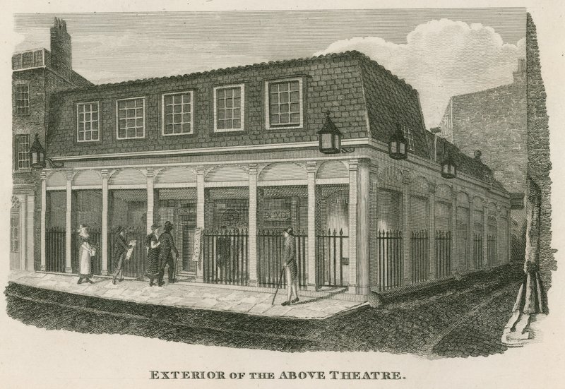 Ydersiden af Royal Olympic Theatre, Wych Street, nær Drury Lane, London af English School