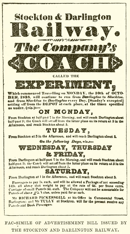 Fac-Simile of Advertisement Bill udstedt af Stockton og Darlington Railway af English School