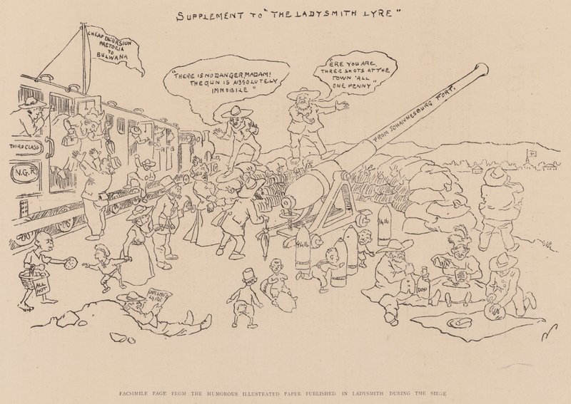 Faksimile-side fra den humoristiske illustrerede avis, der blev udgivet i Ladysmith under belejringen (litografi) af English School