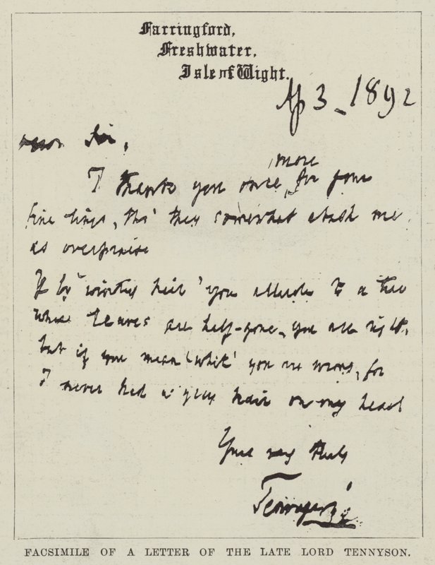 Faksimile af et brev fra afdøde Lord Tennyson (gravering) af English School