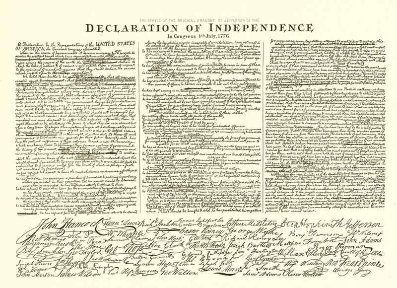 Faksimile af det originale udkast af Thomas Jefferson af Uafhængighedserklæringen i Kongressen 4. juli, 1776 af English School