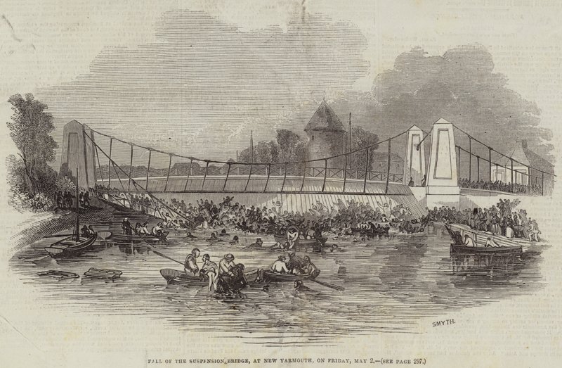 Fall of the Suspension Bridge, i New Yarmouth, fredag den 2. maj (gravering) af English School