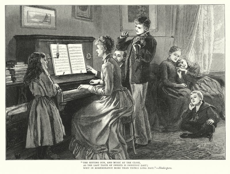 Familie, der spiller musik sammen (gravering) af English School