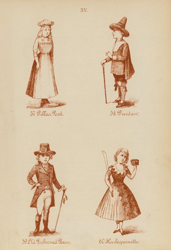 Udklædningstøj: Pillar Post, Puritan, Old Fashioned Bean, Harlequinette (litho) af English School