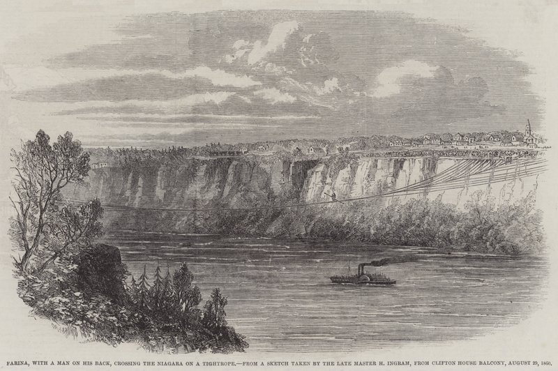 Farina, med en mand på ryggen, krydser Niagara på en stram reb, fra Clifton House Balcony, 29. august 1860 (gravering) af English School