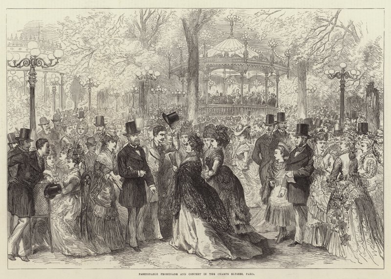 Moderigtig promenade og koncert på Champs Elysees, Paris (gravering) af English School