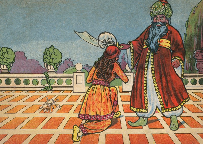 Fatima knæler foran Blåskæg (farvelitografi) af English School