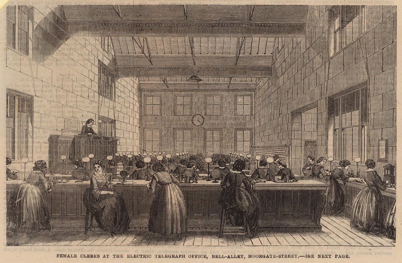Kvindelige ekspedienter på Electric Telegraph-kontoret, Bell Alley, Moorgate Street af English School