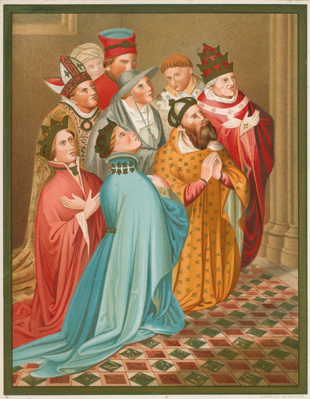 Ferdinand I, konge af Arragon, hans dronning, kejser Sigismund og pave Martin V af English School