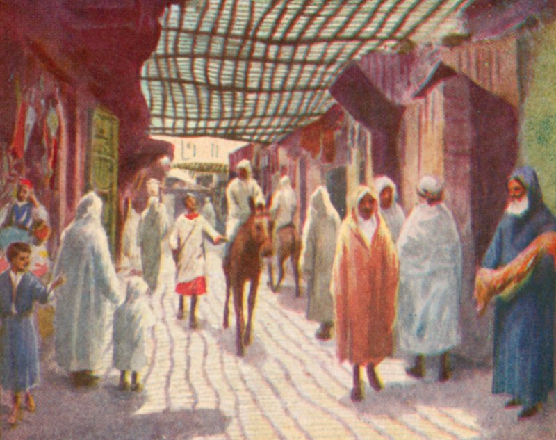 Fez, en skyggefuld gade (farvelitografi) af English School