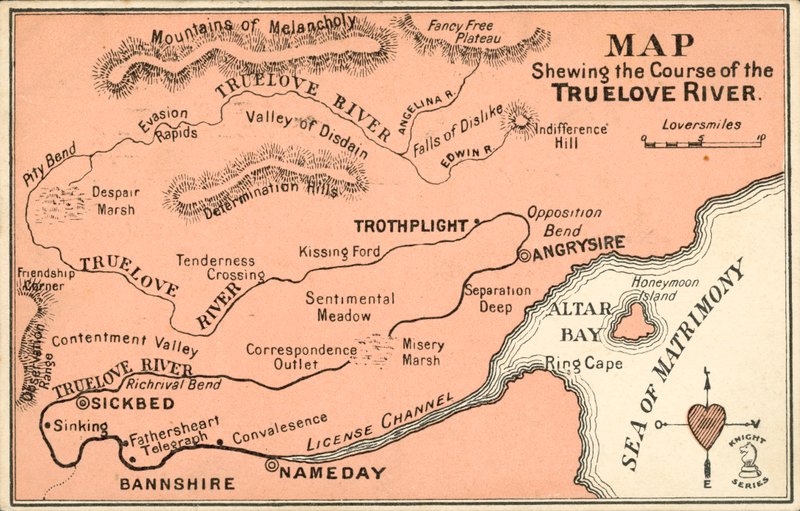 Fiktivt kort, der kortlægger forløbet af floden TrueLove (farve litho) af English School