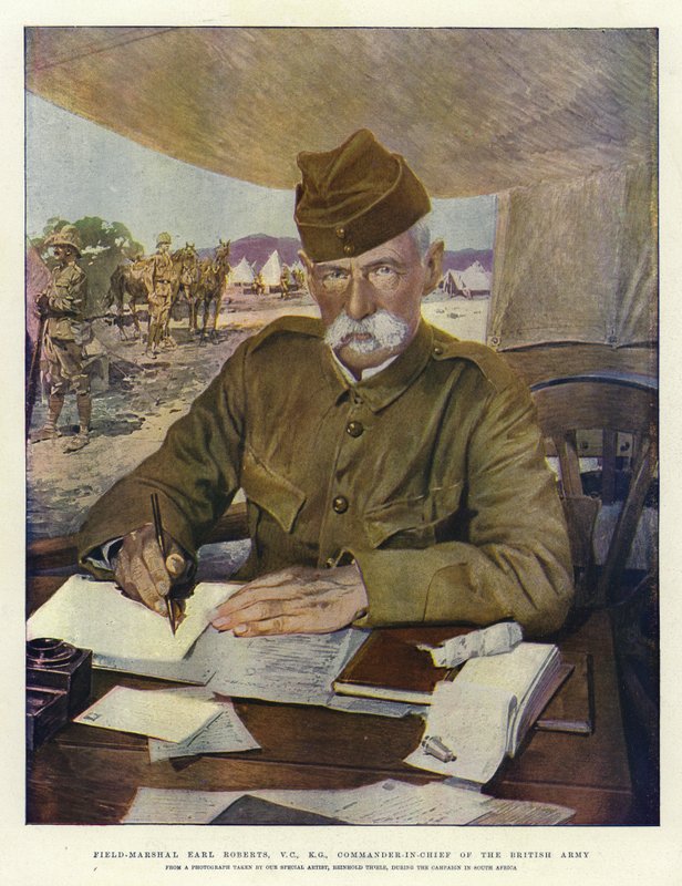 Feltmarskal Earl Roberts, VC, KG, øverstbefalende for den britiske hær (farvelitografi) af English School