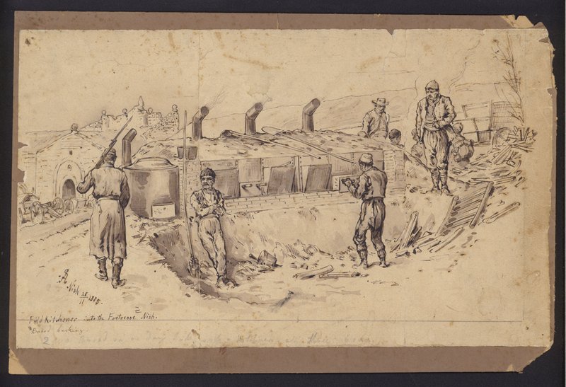 Feltkøkken ind til fæstningen Nis, Serbien, Serbo-Bulgarsk krig, 28. november 1885 (tegning) af English School