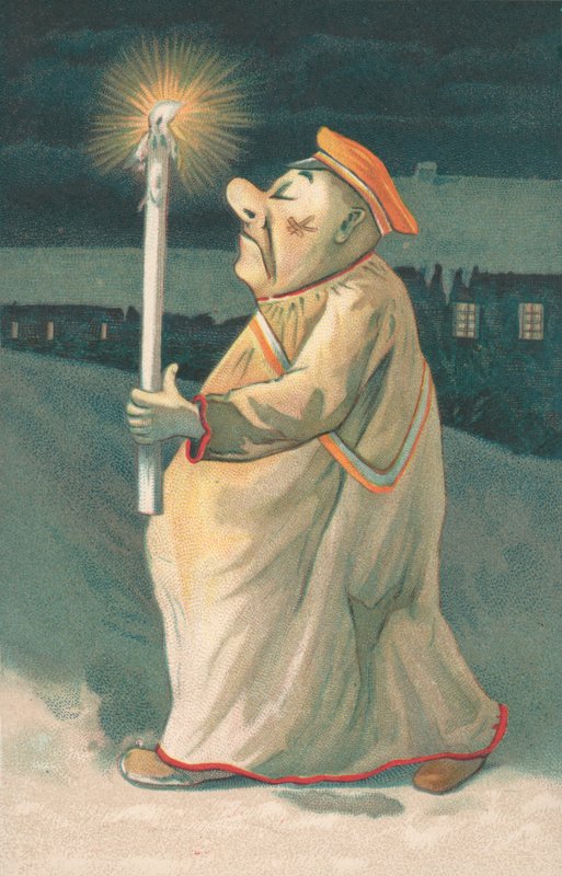 Figur af en mand, der holder et højt stearinlys af English School