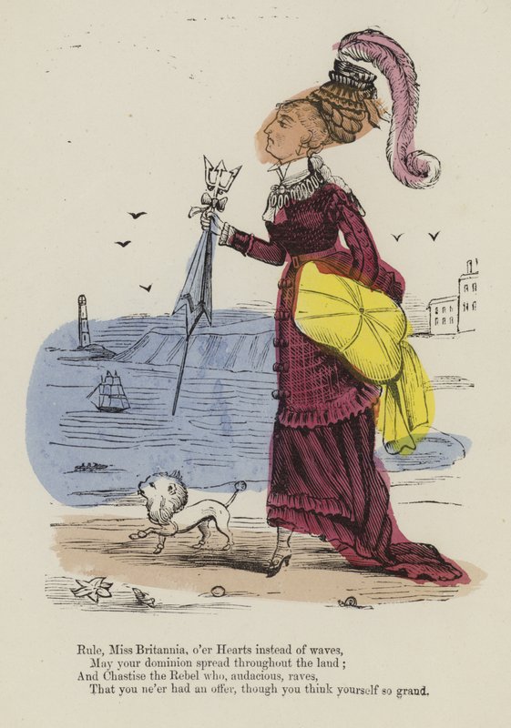 Figur af en kvinde, der går langs strandpromenaden med en lille hund af English School