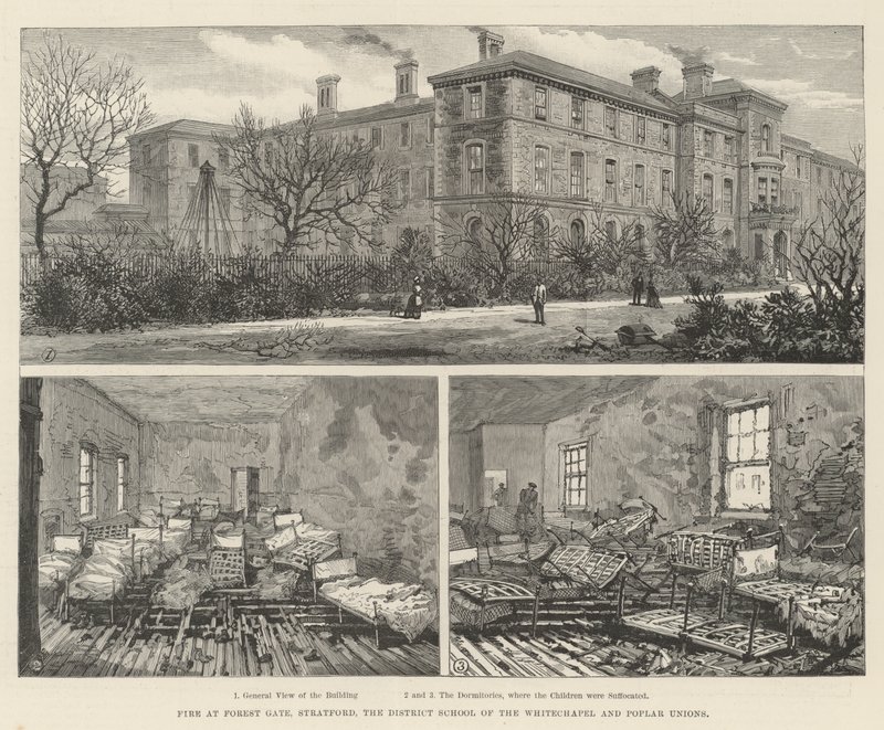 Brand ved Forest Gate, Stratford, District School of the Whitechapel og Poplar Unions (gravering) af English School