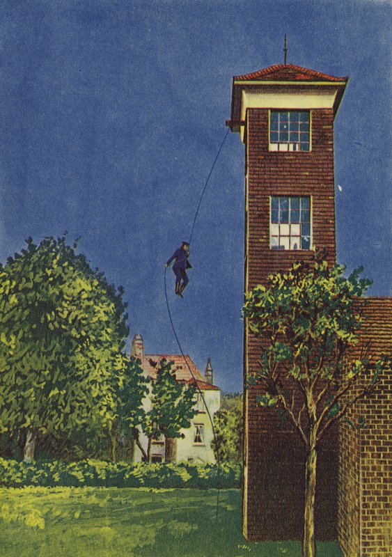 Brandmand laver en tres fods drop ved hjælp af en enkelt linje (farve litho) af English School